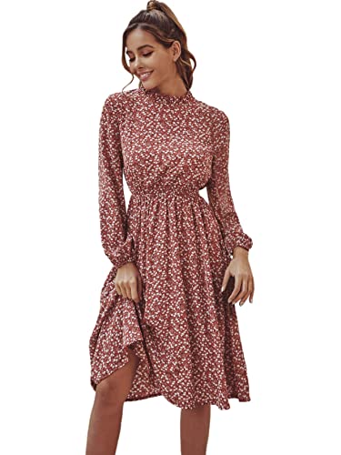 Women's Long Sleeve Ruffle Trim Self Tie Floral Print Short Dress Red Ditsy Floral Brown L