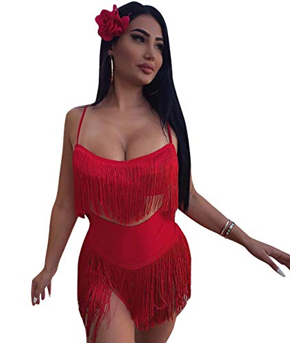 Womens Sexy 2 Piece Outfits Sleeveless Crop Top Feather Tassels Bodycon Mini Dress Outfits Clubwear RED