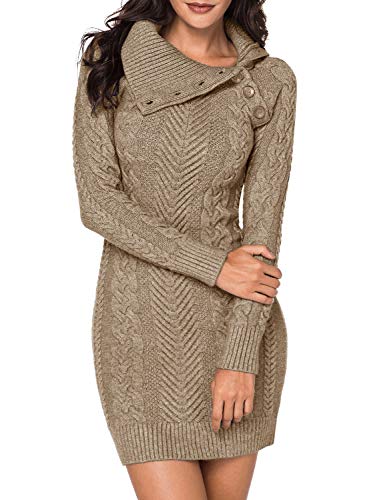 Womens Cute Asymmetric Neck Long Sleeve Solid Slim Fit Bodycon Knit Sweater Dress Jumper Apricot Large