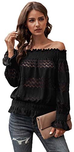 Women's Off Shoulder Flounce Long Sleeve Blouse Frill Trim Loose Shirt Peplum To
