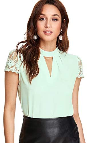 Women's Elegant Lace Short Sleeve Sexy Keyhole Blouse Shirt