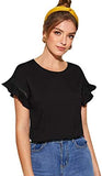 Women's Short Sleeve Ruffle Trim Contrast Lace Cotton Summer Blouse Top