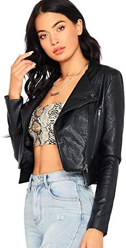 Women's Zipper Front Casual PU Leather Cropped Jacket Long Sleeve Bolero