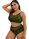 Women's Plus Size Splice Fishnet Cami Top and High Waist Bikini Set A Neon Green 2XL