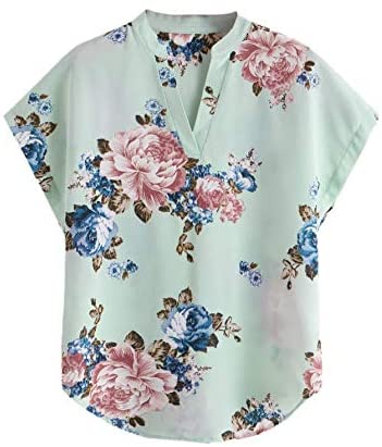 Women's Floral Print Short Sleeve High Low Hem Summer Chiffon Blouse Top