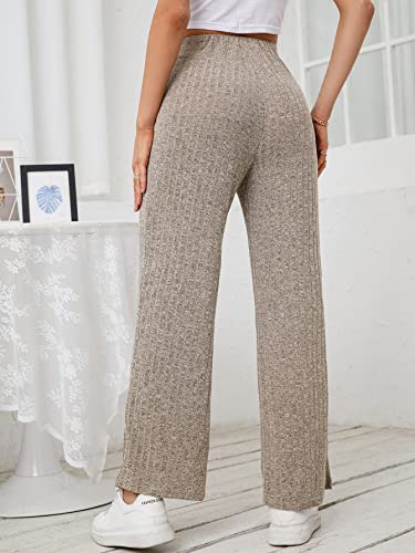 Women's Casual Ribbed Knit Wide Leg Pants Tie Front High Waist Trousers Khaki M