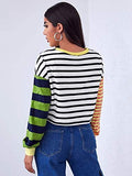 Women's Colorblock Striped Long Sleeve Crewneck Crop Sweatshirt Pullover