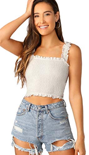 Women's Casual Frill Smocked Crop Cami Tank Shirred Strap Sleeveless Top