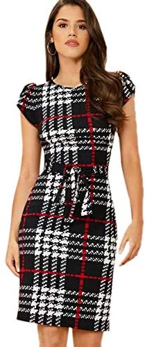Women's Plaid Cap Short Sleeve Crewneck Tie Waist Bodycon Short Dress