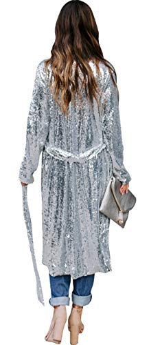 Womens Spring Autumn Sequins Open Front Covers Up Overcoat Long Sleeve See Through Slim Belted Cardigan Coat Windbreaker Jacket Party Club Dress Silver(Order one or Two Size Up )