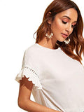 Women's Short Sleeve Ruffle Trim Contrast Lace Cotton Summer Blouse Top