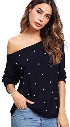 Women's Off The Shoulder Pearl Beading Raw Cut T-Shirt Top