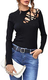 Women's Ribbed Knit Long Sleeve Mock Neck Cutout Stretchy Slim Fit T Shirts Tops Tee