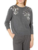 Women's Long Sleeve Embellished Floral Sweater, Medium Heather Grey, Large
