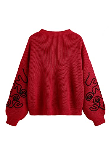 Women's Drop Shoulder Lantern Long Sleeve Round Neck Pullover Sweater Tops Red Medium