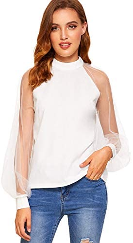 Women's Mesh Sheer Long Sleeve Puff Solid Loose Party Blouse Tops