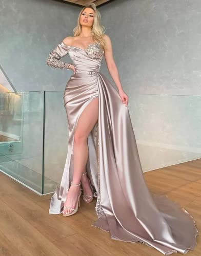 One Sleeve Sequin Strapless Prom Dresses Long Ruched Pleated Slit Evening Gowns with Train Brown Mermaid Formal Dress for Women 2