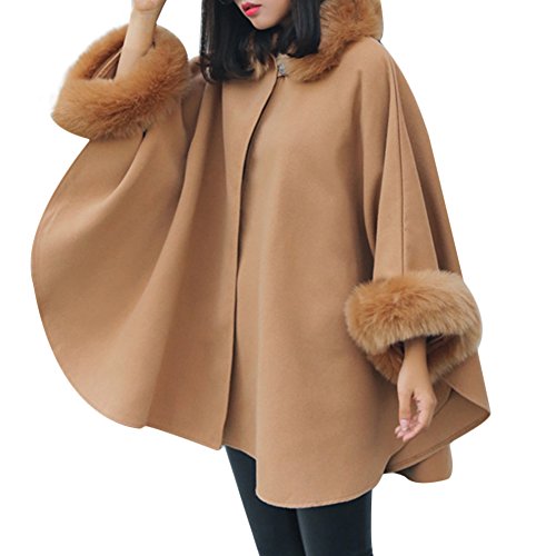 Womens Winter Batwing Long Sleeve Poncho Jacket Elegant Faux Fur Collar Cloak Coat(order 1 size bigger than your Normal Size)