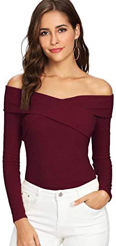 Women's Sexy Off Shoulder Long Sleeve T-Shirt Cross Wrap Ribbed Knit Tops