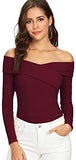 Women's Sexy Off Shoulder Long Sleeve T-Shirt Cross Wrap Ribbed Knit Tops