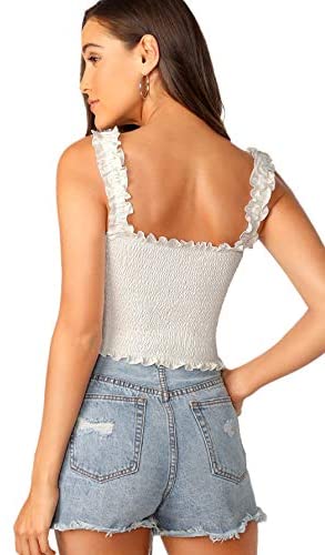 Women's Casual Frill Smocked Crop Cami Tank Shirred Strap Sleeveless Top
