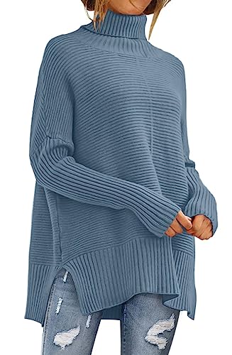 ANRABESS Oversized Sweaters for Women Turtleneck Long Batwing Sleeve Knit Casual Pullover Split Hem Solid Chunky Warm Slouchy 2023 Fall Winter Sweater Tops B718xuelan-S Indigo