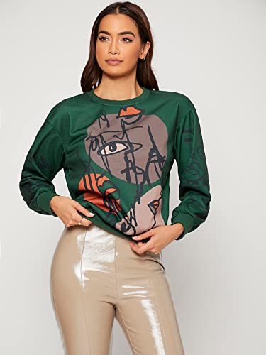 Women's Figure Graphic Print Sweatshirt Round Neck Long Sleeve Contrast Color Graffiti Pullovers Brown L