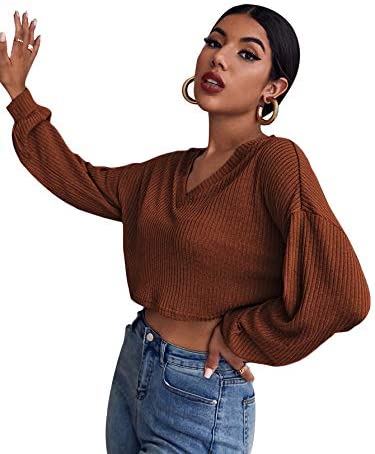 Women's Long Sleeve Ribbed Knit Shirts V Neck Cropped Tops Tee