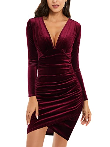 Cocktail Formal Fall Dresses for Women Wedding Guest Winter 2022 Short Homecoming Dresses Burgundy Elegant Velvet Mini Deep V Neck Long Sleeve Bodycon Ruched Dress
