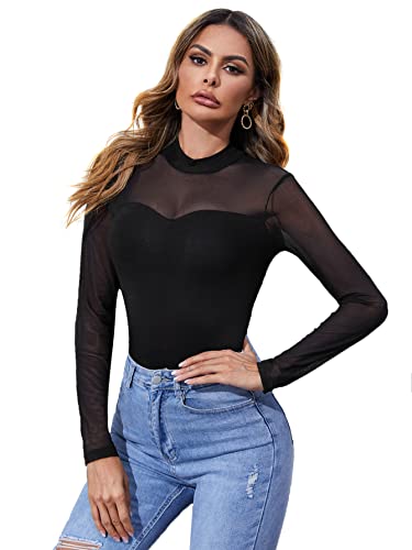 Women's Sheer Mesh Mock Neck Tees Top Long Sleeve Solid T Shirt Black Large