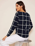Women's Round Neck Long Sleeve Button Curved Hem Grid Top Blouses