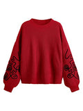 Women's Drop Shoulder Lantern Long Sleeve Round Neck Pullover Sweater Tops Red Medium