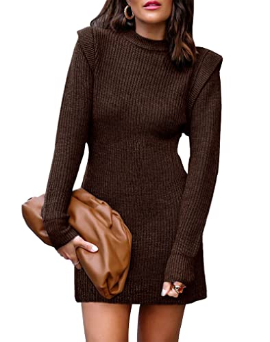 Women Sweater Bodycon Short Dress Long Sleeve Crew Neck Slim Fit Solid Dressy Fall Winter Mini Ribbed Knit Dresses(Solid Dark Coffee, Large)