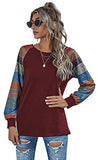 Women's Long Bishop Sleeve Round Neck Colorblock Causal Slim Cotton Pullover Blouse