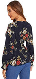 Women's Floral Print Deep V Neck Long Sleeve Ruffle Hem Belt Peplum Blouse Top