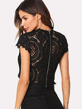 Women's See Through Mesh Lace Crop Top Crochet Short Sleeve Embroidered Tops Black