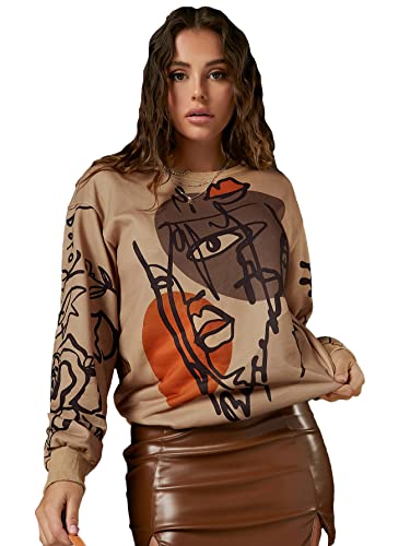 Women's Figure Graphic Print Sweatshirt Round Neck Long Sleeve Contrast Color Graffiti Pullovers Brown L