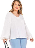 Women's Plus Size Casual Drop Shoulder Lantern Long Sleeve V Neck Blouse Top Shirts
