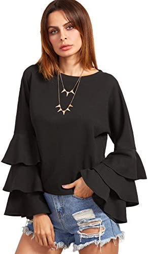 Women's Round Neck Ruffle Long Sleeve Blouse