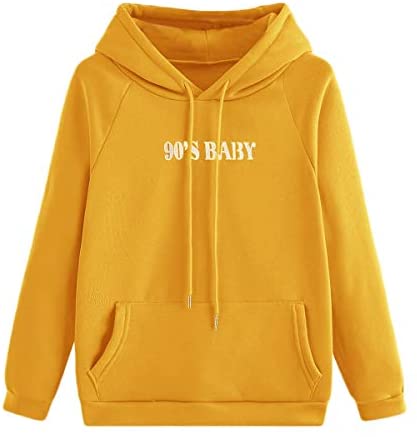 Women's Long Sleeve Letter Print Hoodie Drawstring Hooded Sweatshirt Pullover wi