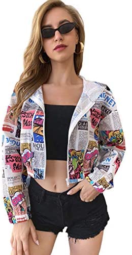 Women's Fashion Long Sleeve Comic Print Crop Bomber Zipper Jacket