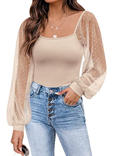 Women's Puff Sleeve Tops Mesh Sexy Casual Tee Shirts Blouses