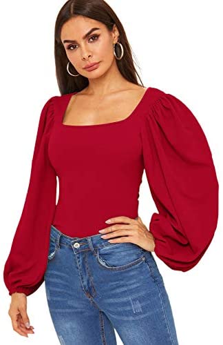 Women's Long Puff Sleeve Square Neck Slim Fit Crop Tops Blouse Sweatshirt New Green
