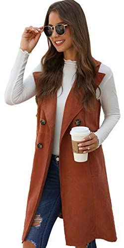 Women's Double Breasted Long Vest Jacket Casual Sleeveless Pocket Outerwear Long