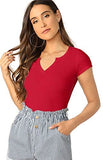 Women's Casual Cap Sleeve V Neck Rib Knit Slim Fit Solid Tee Tops T-Shirt