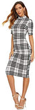 Women's Short Sleeve Plaid Grid Round Neck Elegant Sheath Pencil Bodycon Dress