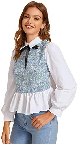 Women's Bow Tie Neck Tweed Insert Shirt Long Sleeve Blouse Keyhole Back Peplum Tops