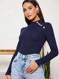 Women's Long Sleeve Mock Neck Button Causal Tops Blouse T Shirt