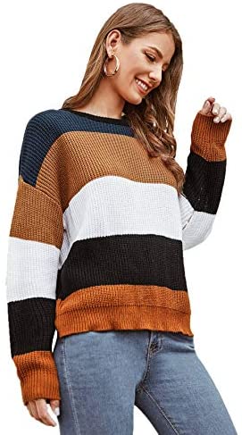 Women's Long Sleeve Pullovers Tie Back Color-Block Striped Sweater
