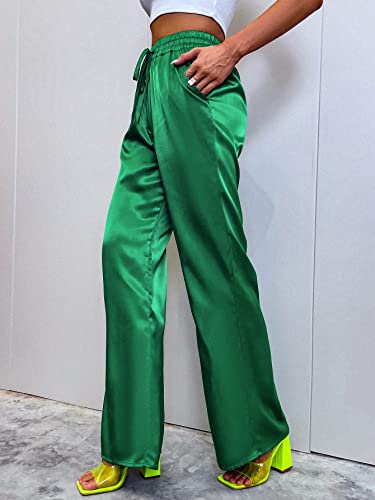 Women's Casual Drawstring Elastic Waist Pants Wide Leg Satin Trouser Pants Green S